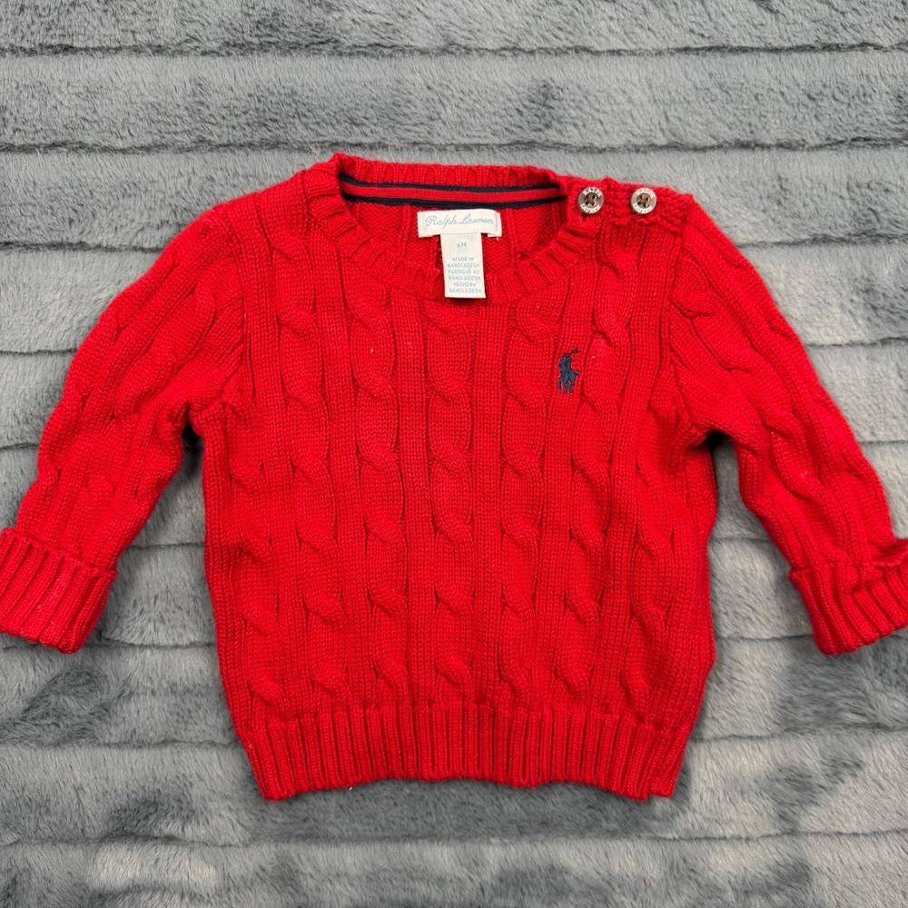 Ralph Lauren Baby Red Cable Knit Cotton Sweater 6M Button Shoulder Pullover